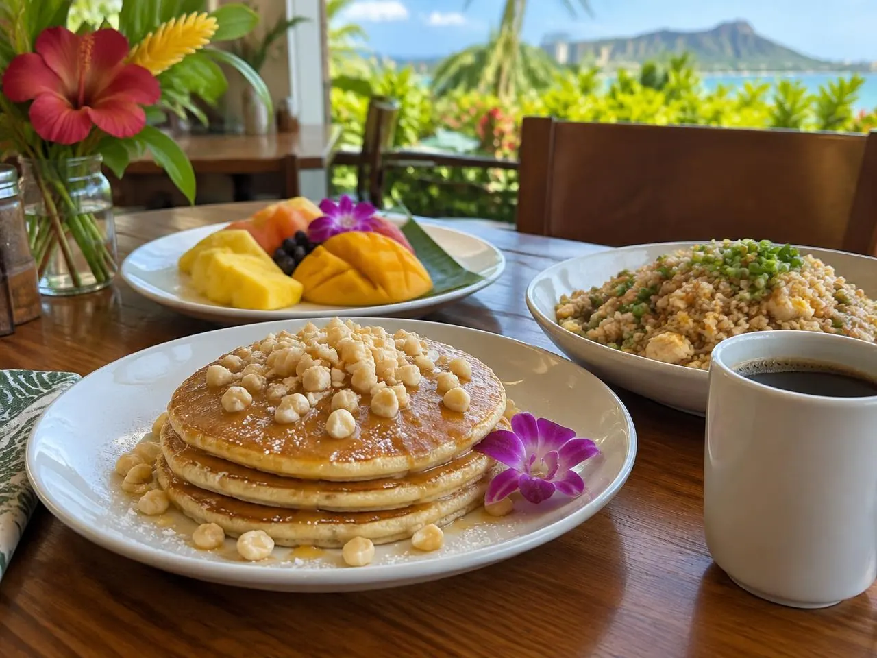 Illustrative Hawaiʻi scene for Hawaiian Style Cafe Hilo