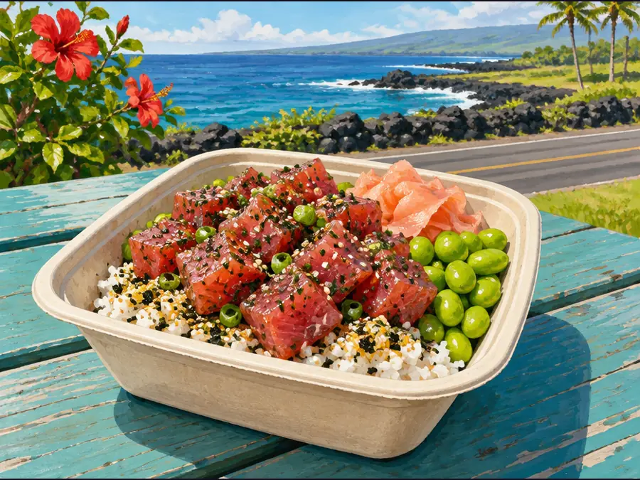 Illustrative Hawaiʻi scene for Da Poke Shack