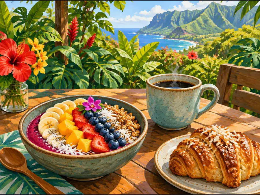 Illustrative Hawaiʻi scene for Java Kai Kauaʻi