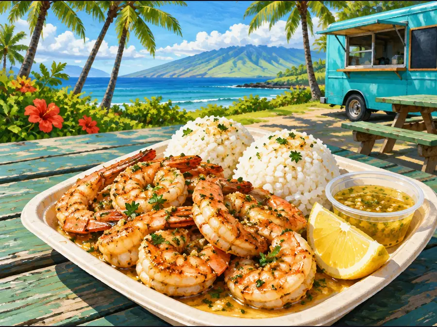 Illustrative Hawaiʻi scene for Maui Shrimp Express